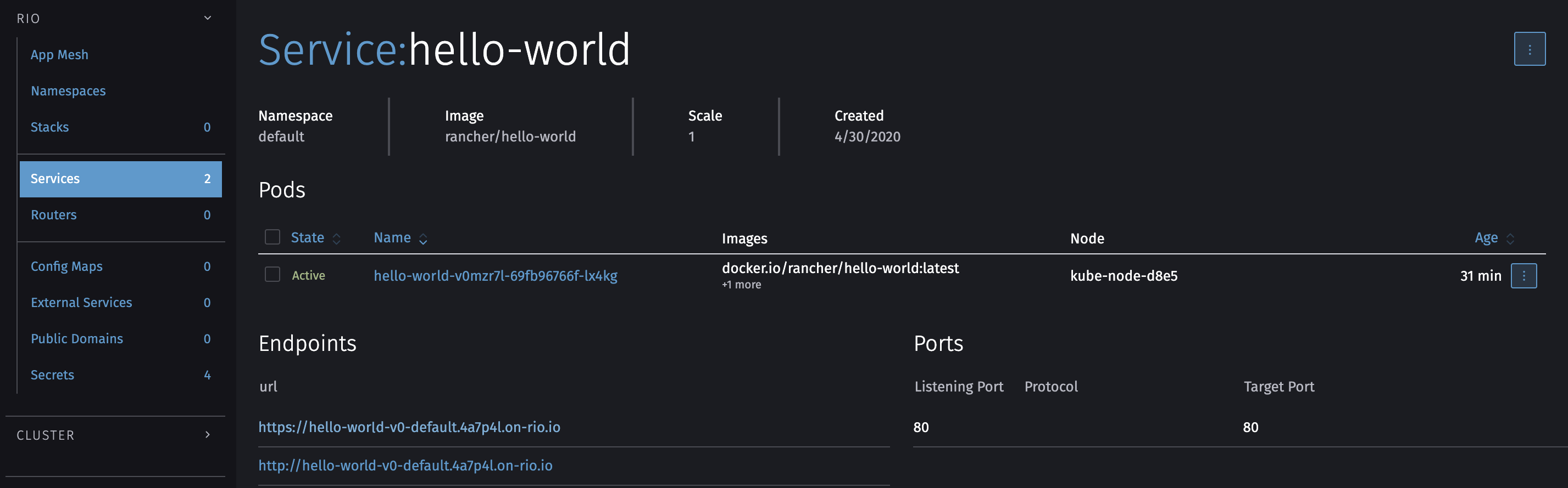 rio dashboard service deployed